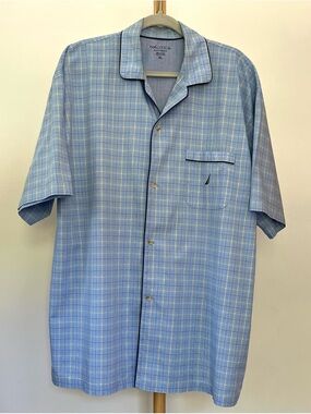 Nautica Men’s Short-Sleeve Blue Plaid Pajama Sleep Shirt Cotton Size XL